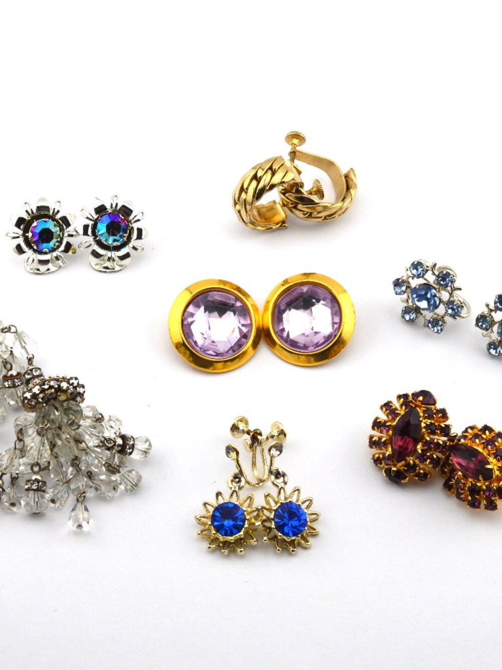 Earrings Vintage Clip On Screw Back w Crystal Silver and Gold Tone 7 Pairs